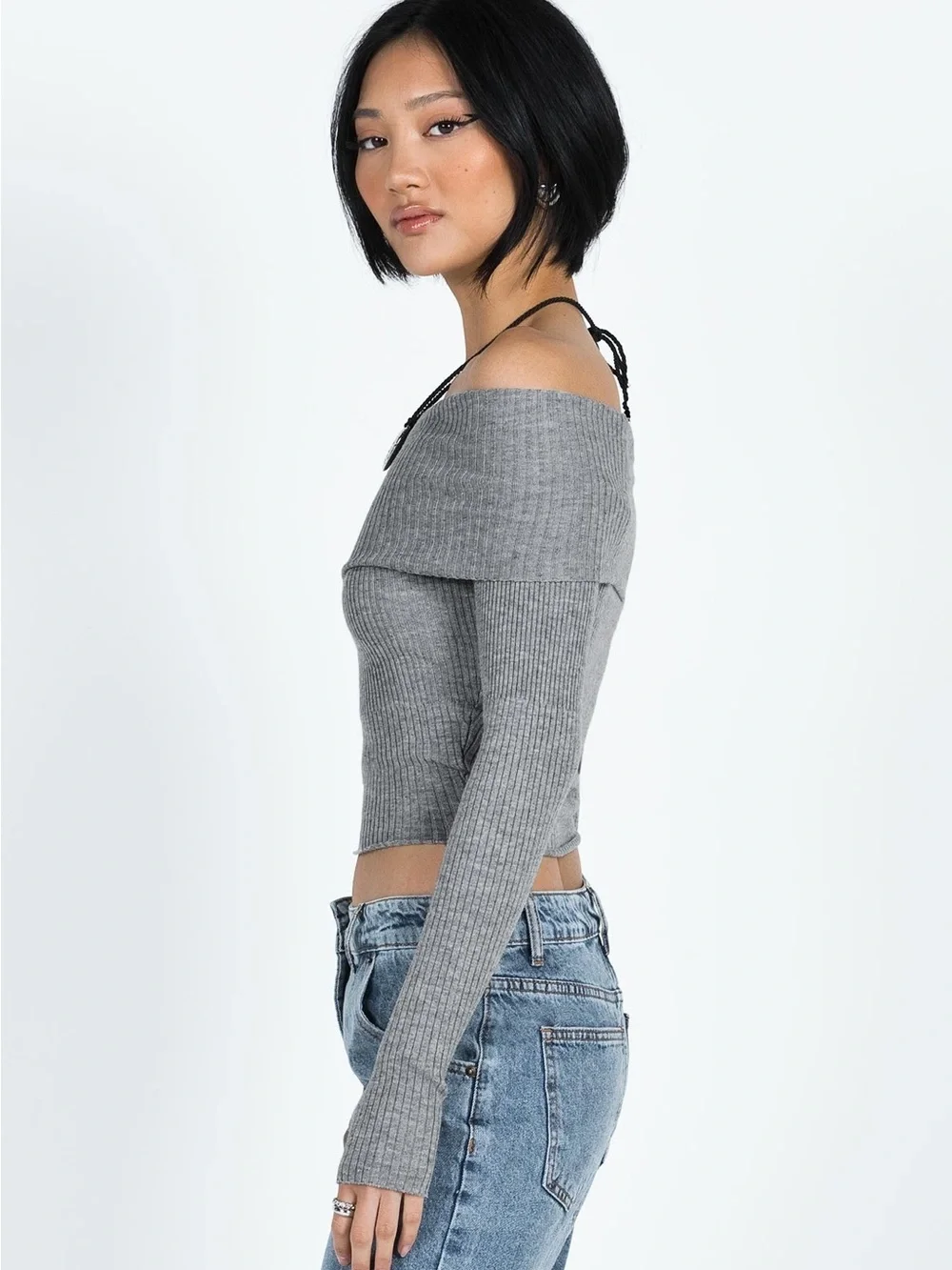 Princess Polly Morley Off Shoulder Sweater Grey Marle